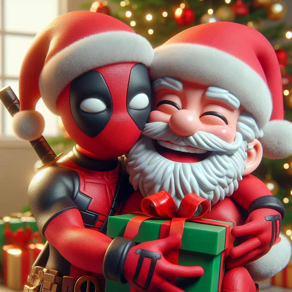 Deadpool hugging Santa Claus 1