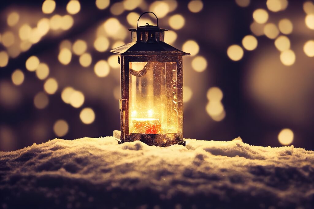 Christmas Lantern With Fir Branch and Decoration On Snowy Table